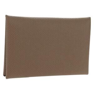 HERMES Calvi Coin Purse Leather Beige Silver Auth BA8241M